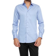 Efor Erkek Slim Fit Klasik Yaka Pamuk Saten Uzun Kol Mavi Gömlek Gk 214
