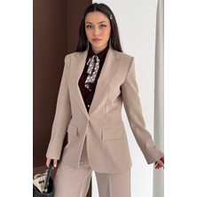 Vuntal Butik Kadın Blazer Takım Elbise Vizon Renkli Tek Düğme Ceket ve Kemerli Pantalon 9478-24