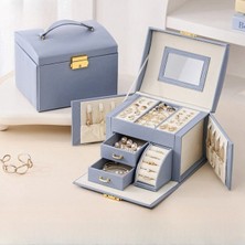 UltraMint Masa Üzeri 3 Çekmeceli Mavi Pu Deri Takı Taşıma Çantası