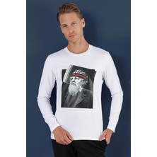 Efor Erkek Slim Fit Poseidon Baskılı Pamuklu Uzun Kollu Beyaz Tişört TS 863