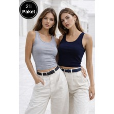Rich Kadın Lacivert Gri 2'li Paket Basic Günlük Şık Crop Atlet