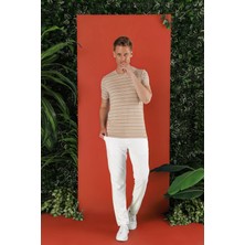 Efor Erkek Slim Fit Bisiklet Yaka Çizgili Pamuklu Bej T-Shirt TS 851
