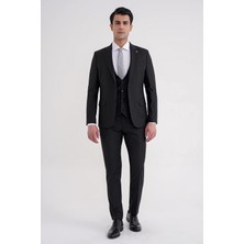Efor Erkek Slim Fit Çift Yırtmaç Çizgili Esnek Yünlü Siyah Yelekli Klasik Takım Elbise TK 935