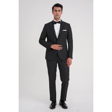 Efor Slim Fit Çift Yıtmaç Fleto Cep Çıkarılabilir Saten Yaka Siyah Damatlık Smokin Takım Black 083