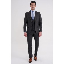Efor Erkek Slim Fit Çift Yırtmaç Çizgili Esnek Yünlü Antrasit Yelekli Klasik Takım Elbise TK 935