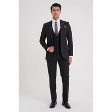 Efor Slim Fit Çift Yırtmaç Doku Desenli Siyah Yelekli Takım Elbise TK 921