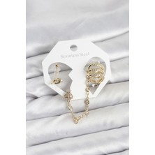 Pirinç Gold Renk Sarmal Model Zincir Bağlantılı Ear Cuff Küpe Seti