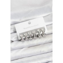 316L Çelik Gümüş Renk Zirkon Taşlı Halka Küpe Seti