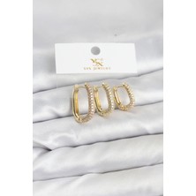 Pirinç Gold Renk Zirkon Taşlı Halka Model Ysx Trio Küpe Seti