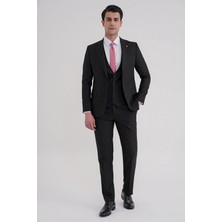 Efor Erkek Slim Fit Mono Yaka Çift Yırtmaç Armürlü Esnek Yünlü Siyah Yelekli Klasik Takım Elbise TK 933