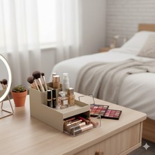 UltraMint Krem Renkli Mini Çekmeceli Makyaj Organizeri, Şeffaf Bölmeli, Pamukluk ve Ruj Düzenleyici