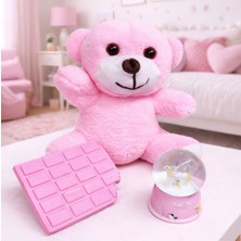 Pembe Peluş Ayıcık Kar Küresi & Pembe Çikolata Tasarımlı Not Defteri – Hediye Seti