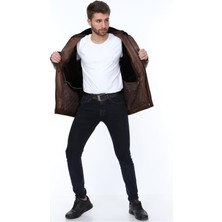 Hakiki Deri Kahverengi Dali Yakası Kürklü Erkek Deri Ceket