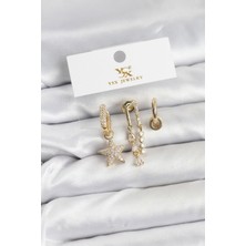 Pirinç Gold Renk Zirkon Taşlı Yıldız Vintage Model Ysx Trio Küpe Seti