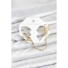 Kelebekli Model Pirinç Gold Renk Zincir Bağlantılı Ear Cuff Küpe Seti