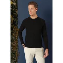 Efor Erkek Slim Fit Esnek Pamuklu Doku Desenli Uzun Kollu Siyah Tişört TS 872