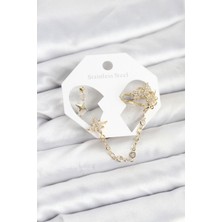 Kutup Yıldızı Model Pirinç Gold Renk Zincir Bağlantılı Ear Cuff Küpe Seti