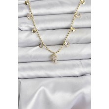 Zirkon Taşlı Kutup Yıldızı Model Pirinç Gold Renk Kadın Kolye