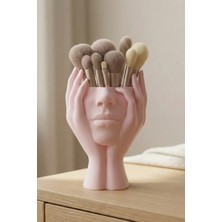 UltraMint Pastel Pembe Kadın Silüeti Tasarımlı Makyaj Organizeri ve Fırça Tutucu