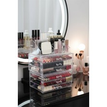 UltraMint Şeffaf 3'lü Makyaj Organizeri Seti, 2 Adet, 3 Çekmeceli ve 16 Bölmeli