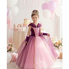 Butik Happy Kids Kız Çocuk Kostüm Rapunzel Mor Düşük Omuz Detaylı Kasnaklı Kabarık Prenses Elbise 3-8 Yaş Taç ve Eldiven HEDİYELİ