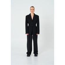 Thalure Kadın Siyah Kum Saati Form Blazer Polyester Karışımlı Uzun Kol Cepli Şık Tasarım