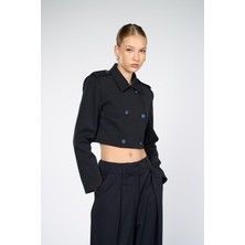 Thalure Kadın Lacivert Apolet Detaylı Crop Blazer