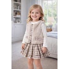 Elisa Kız Çocuk Ekose Etekli ,penyeli,peluş Yelek Takım