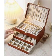 UltraMint Kahverengi Dışı Deri Içli Kadife 3 Katlı Takı ve Mücevher Kutusu Organizer