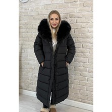 Muna Boutique Ithal Yakası Kürklü Siyah Uzun Kadın Şişme Mont