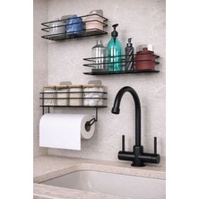 Karteya Yapışkanlı Mutfak Rafı Baharatlık 3lü Metal Kağıt Havluluk Siyah  Standlı Şık Mutfak Raf Seti