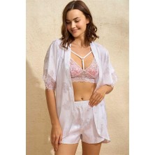 MOTTO10 Butik Kadın Saten Bride Baskılı Dantelli Sabahlık Balensiz Desteksiz Dolgusuz Bralet Sütyen ve Şort 3'lü Takım (4777)