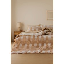 Barine Gingham Kareli Muslin Dokulu Nevresim Seti Karamel