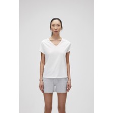 Bad Bear Violet V-Neck T-Shirt Off-White Beyaz Basic Kadın Tişört