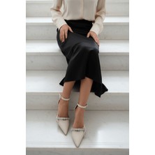 Divolya Jeremy Bej Taşlı Fiyonklu (8 cm Topuklu ) Sivri Burun Topuklu Ayakkabı