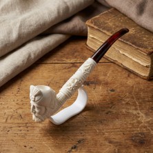 Goldenlight Meerschaum El Oyması Lületaşı Osmanlı Paşa Figürlü, Çiçek Motifli Pipo 21,5 cm Akrilik Ağızlıklı Koleksiyonluk