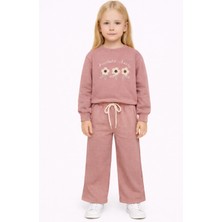 Zepkids Bisiklet Yaka Papatya Nakışlı Pudra Renk Kız Çocuk Eşofman Takım