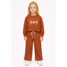 Zepkids Bisiklet Yaka Papatya Nakışlı Tarçın Rengi Kız Çocuk Eşofman Takım