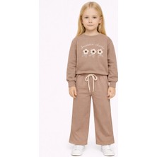 Zepkids Bisiklet Yaka Papatya Nakışlı Açık Kahve Rengi Kız Çocuk Eşofman Takım