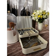 UltraMint Bej Çok Bölmeli Çekmeceli Aynalı Makyaj ve Takı Organizer