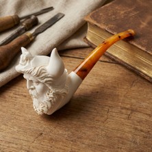 Goldenlight Meerschaum El Oyması Lületaşı Viking Pipo, Boynuzlu Miğferli Sakallı Figür, Akrilik Ağızlık
