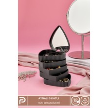 UltraMint Çizgili Desenli Kalpli Mina 5 Katlı Aynalı Takı Organizeri Siyah Renk