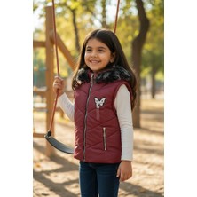 Kız Çocuk Kapüşonlu Kürklü Şişme Yelek - Bordo