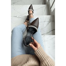 Divolya Dunka Kahverengi Taşlı Fiyonklu (4 cm Topuklu ) Sivri Burun Topuklu Ayakkabı