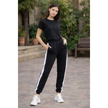 DNRYSL Kadın Beyaz Şeritli Eşofman Altı 2 Iplik Paça Lastikli