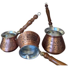 Maraş Bakırcılık - Bakır Cezve Takımı 3’lü – 4-6-8 Kişilik Oyma Işlemeli Kalın Bakır Kahve Cezvesi