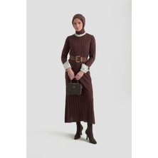 Armine Trend Kendinden Çizgili Triko Elbise Kahverengi 25KTD901