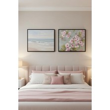 Safir Design Lüks Mavi ve Pembe Sahil ve Çiçek Dalları 2li Modern Çerçeveli Tablo Seti