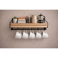 Mihres Tek Raflı Ahşap Metal Fincan Askılı Duvar Rafı