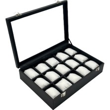 UltraMint Şık Siyah Deri Kaplama 15'li Cam Kapaklı Saat Organizeri